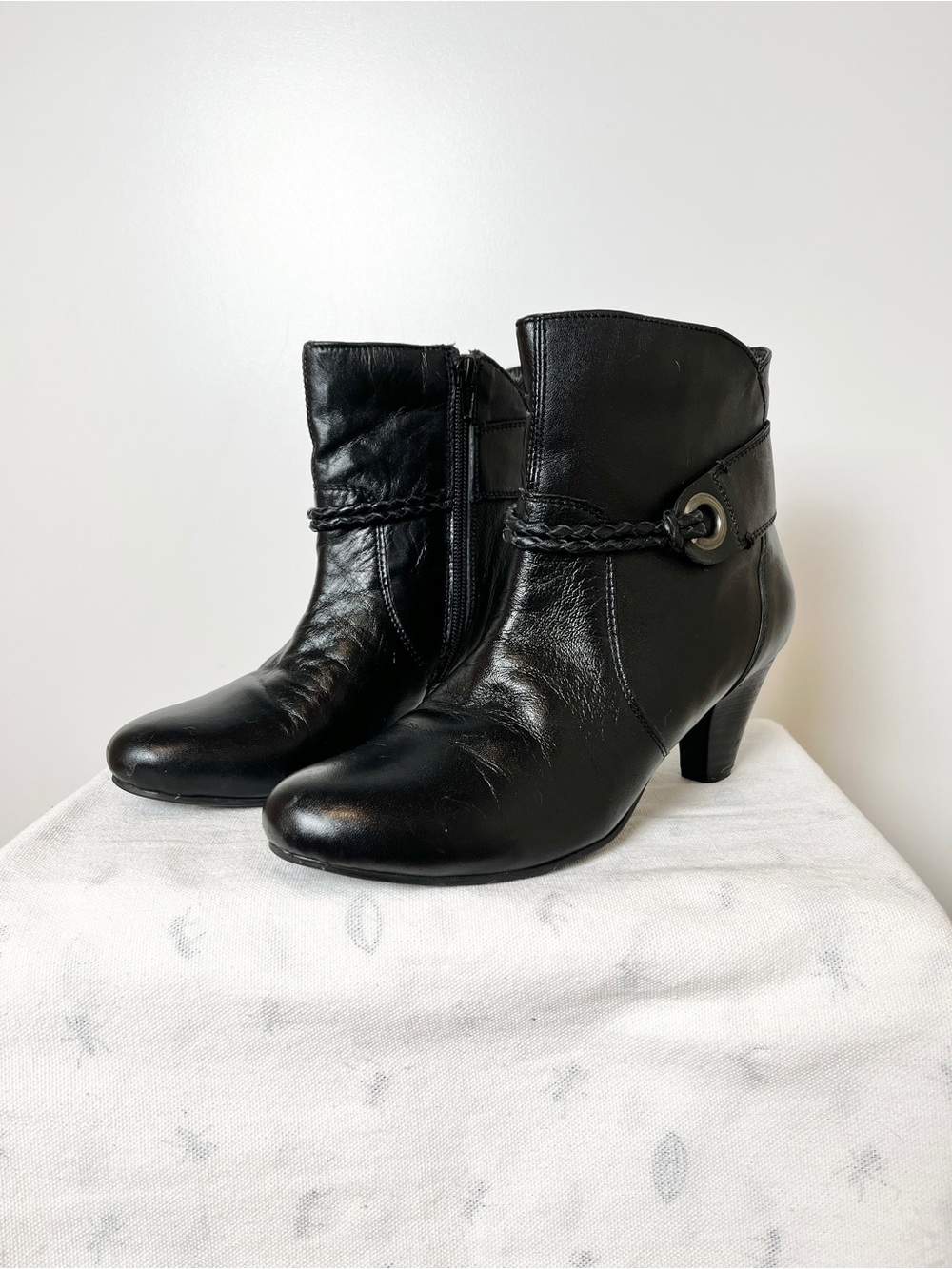 I Love Comfort Boho Black Leather Ankle Booties – Braided Strap Block Heel 8